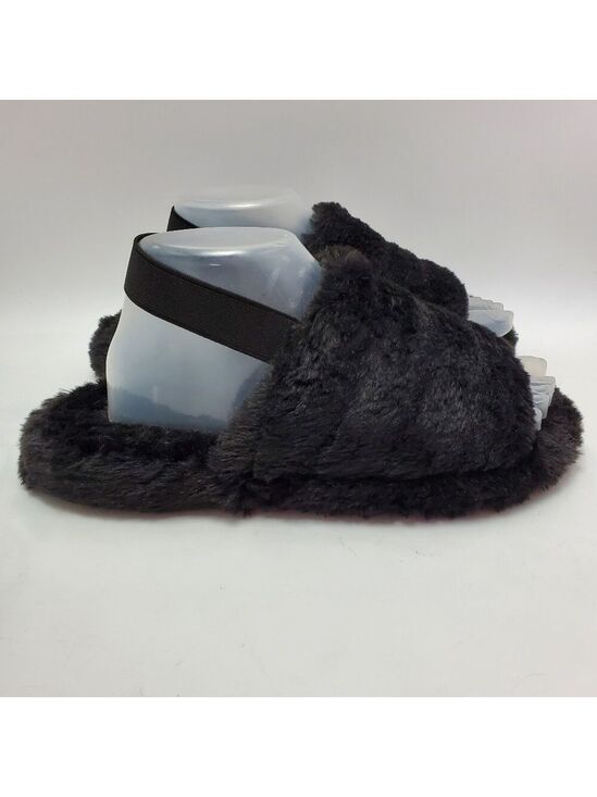 Unbranded Shoes - Cozy Fluffy Mule Sling Back Elastic Strap Faux Fur Slippers Black Size Medium